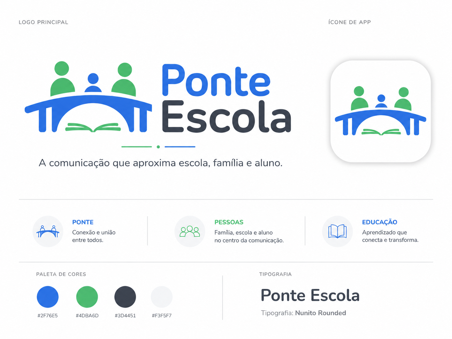 Brand board com logo, ícone e paleta da Ponte Escola