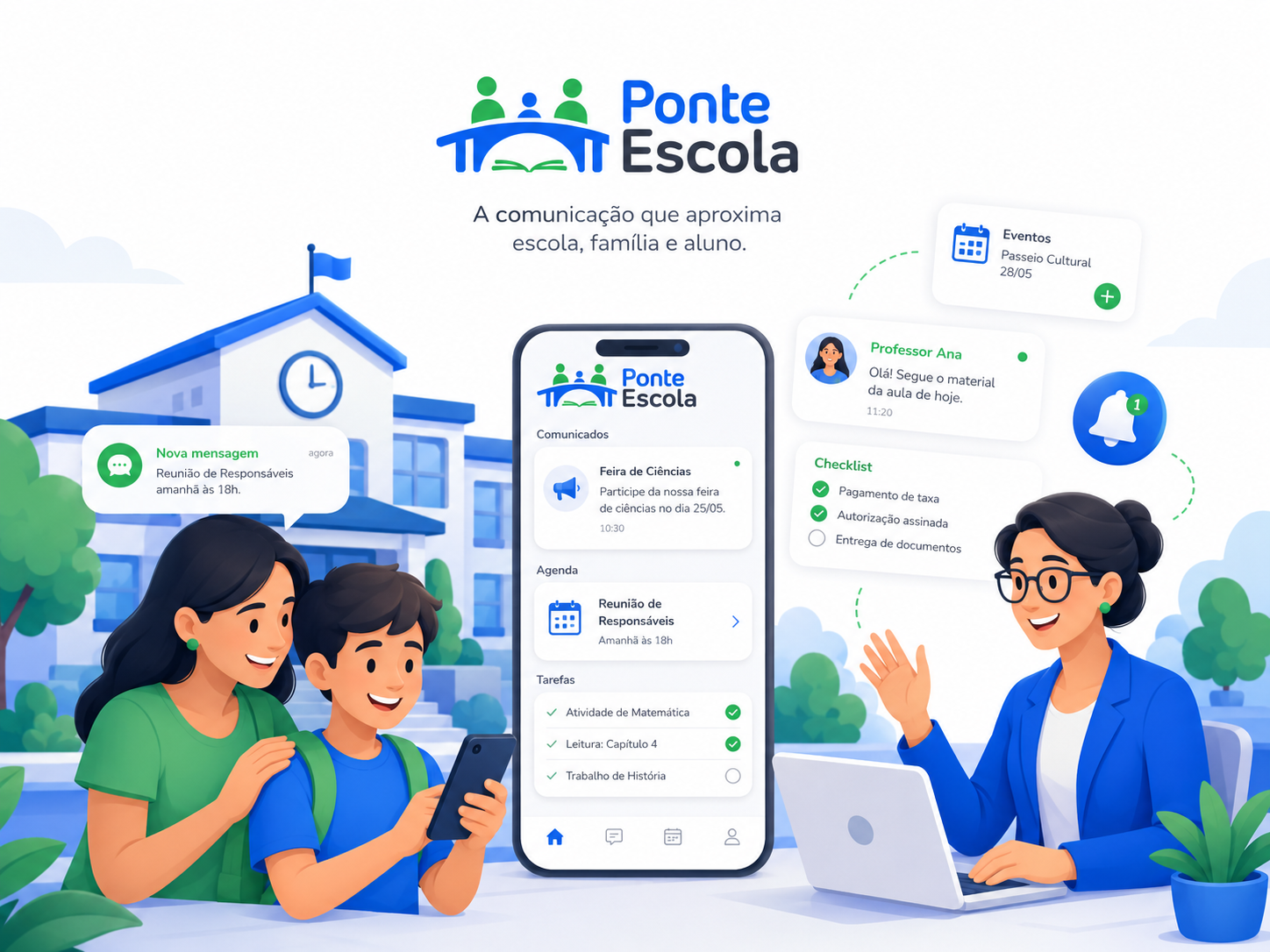 Ilustração da Ponte Escola conectando escola, família e aluno por aplicativo