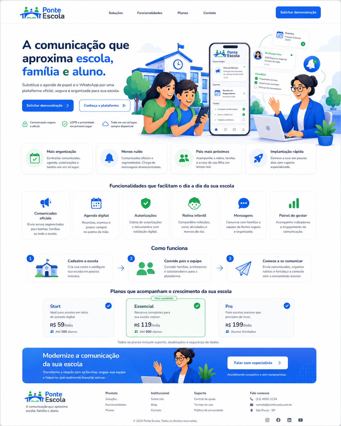 Mockup da landing page da Ponte Escola